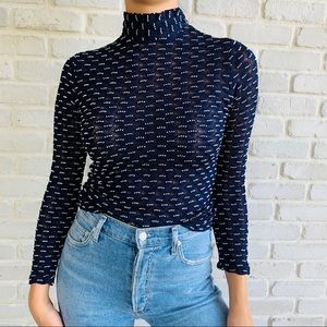 Vintage Blue White Polka Dot Turtleneck Zipper XS